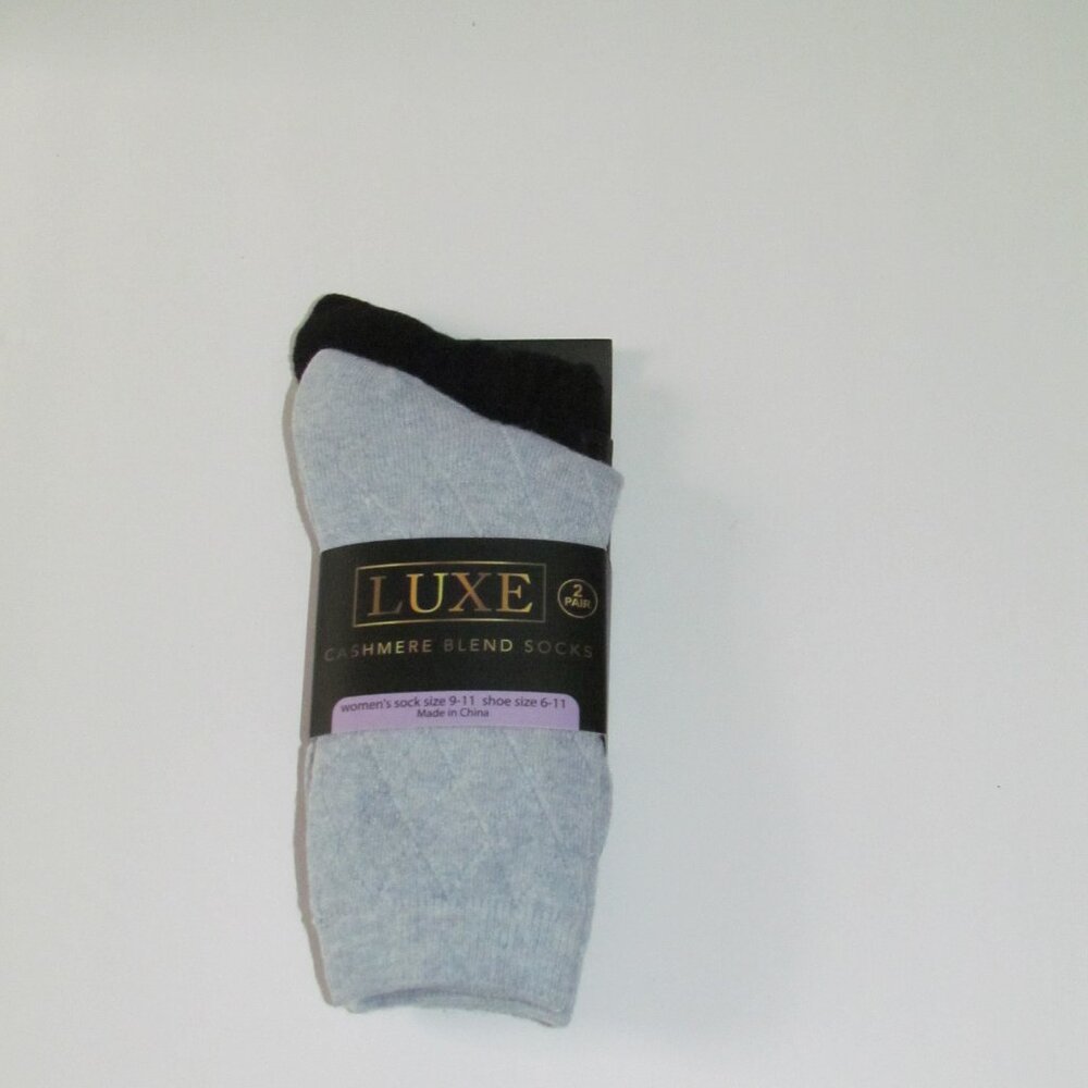 LUXE Women's Cashmere Blend Socks 2 Pairs Light Blue/Black NEW
